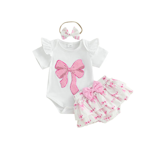 Baby girl romper set with a cute bow-knot design, featuring a soft, pastel-colored fabric and comfortable fit from Dropshipman.