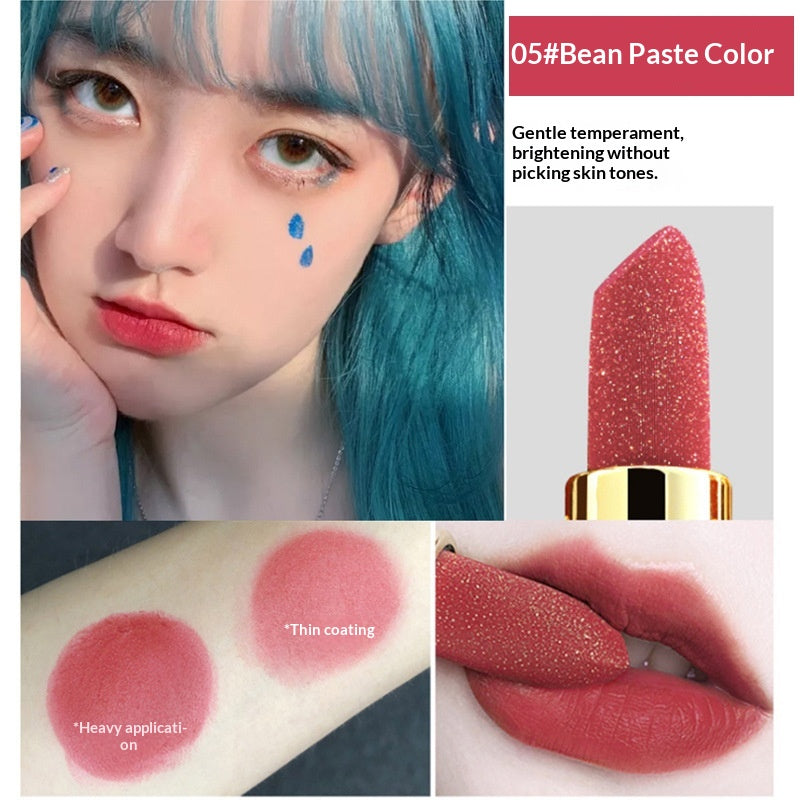Golden Diamond Shimmer Lipstick by Dropshipman with a velvet matte finish, showcasing its rich, shimmering gold color and smooth texture.