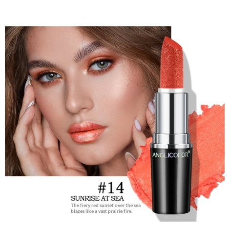 Pearly finish lipstick by Dropshipman with non-fading, non-stick, waterproof formula, shown in a close-up of the lipstick tube.