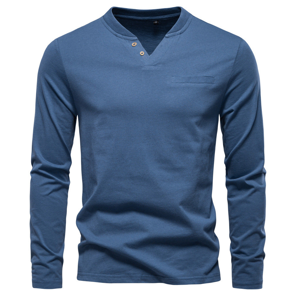 Men's V-neck slim fit base layer shirt by Dropshipman, shown in a close-up of the black shirt on a white background.