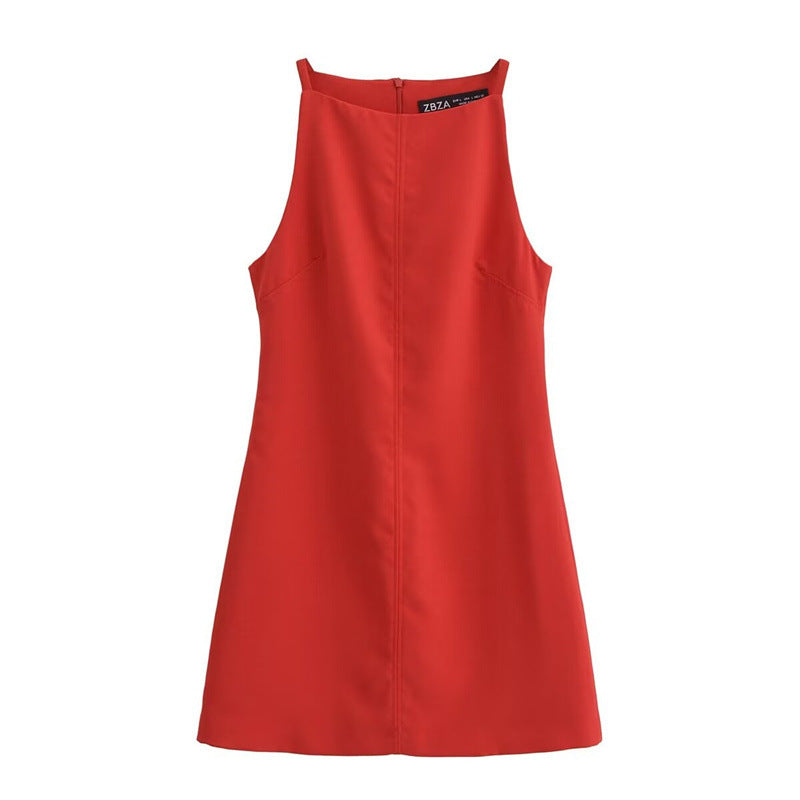 Women's French-style chic sleeveless mini dress with straight neckline, slim fit, perfect for stylish summer occasions.