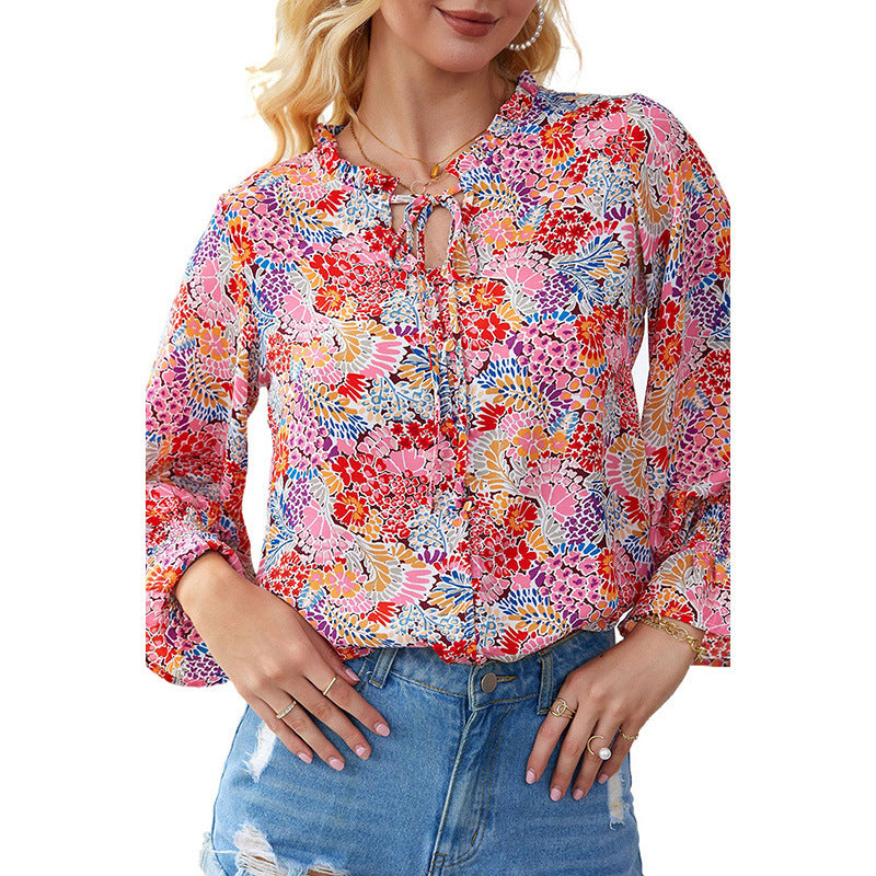 Women's Shying Spring floral chiffon blouse with long sleeves, lightweight and stylish, from Dropshipman.