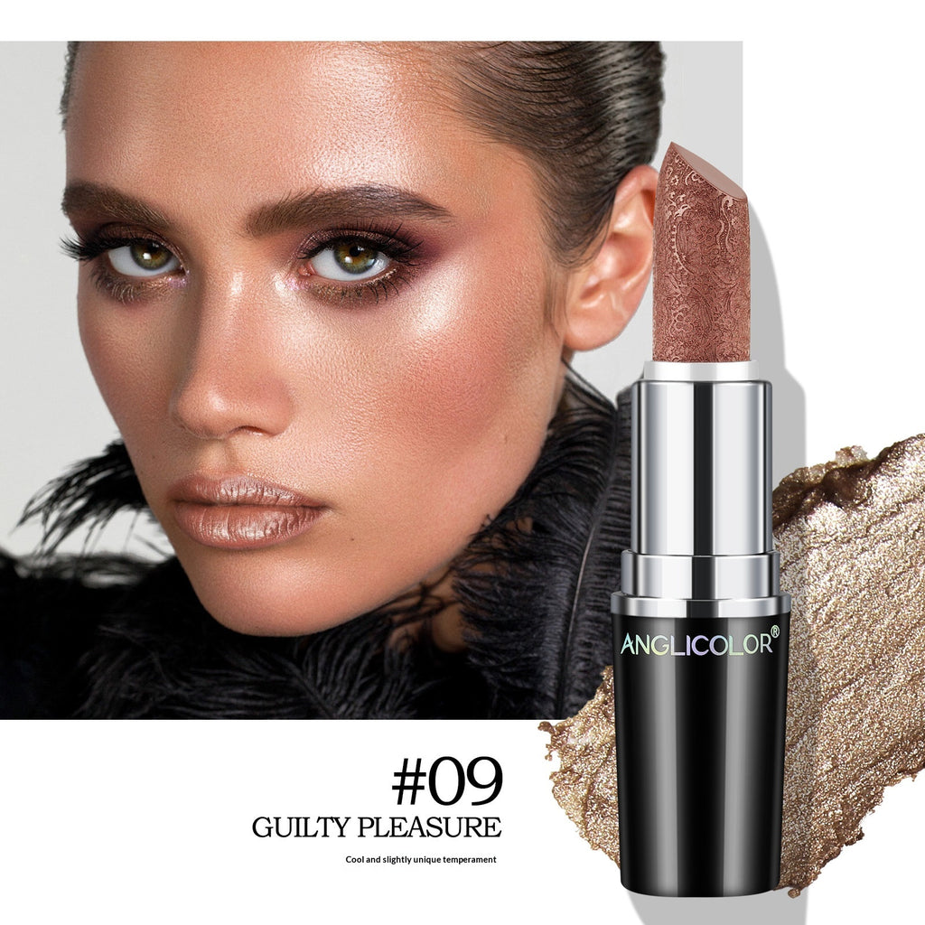 Dropshipman pearly finish lipstick with non-fading, non-stick, waterproof formula, showing a close-up of the lipstick tube and swatch.
