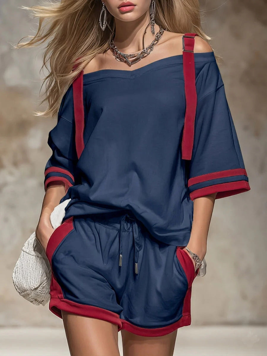Summer contrast-colored women's patchwork casual shorts set by Dropshipman, featuring a stylish, comfortable design with mixed fabrics.