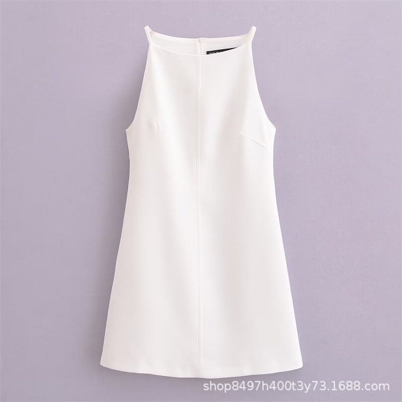 Women's French-style chic sleeveless mini dress with a straight neckline, slim fit, perfect for stylish summer wear.