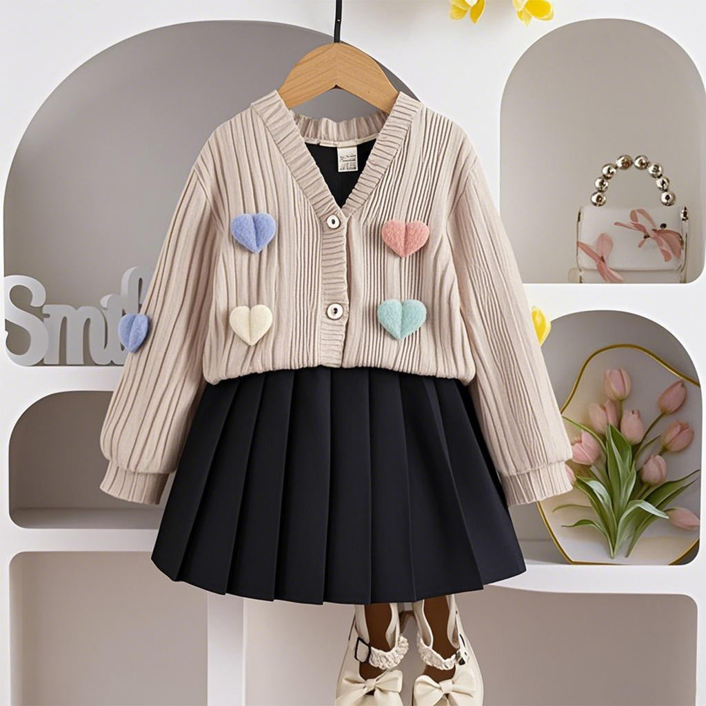 Children's long sleeve coat and pleated skirt two-piece set by Dropshipman, solid color, stylish and comfortable for kids.
