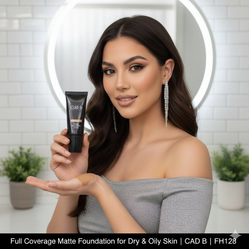 Cad B full coverage matte foundation for dry and oily skin, showcasing a smooth, even-toned face with a natural finish.