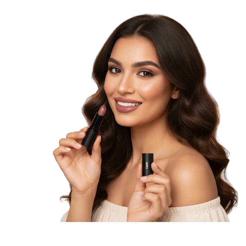 Cad b Spicy Rum hydrating beeswax lipstick with jojoba and castor oils, cruelty-free and paraben-free, shown in a sleek lipstick tube.