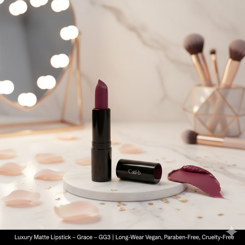 Cad B Luxury Matte Lipstick in Grace GG3 with a sleek tube, showcasing vibrant, long-wear vegan and cruelty-free lipstick.